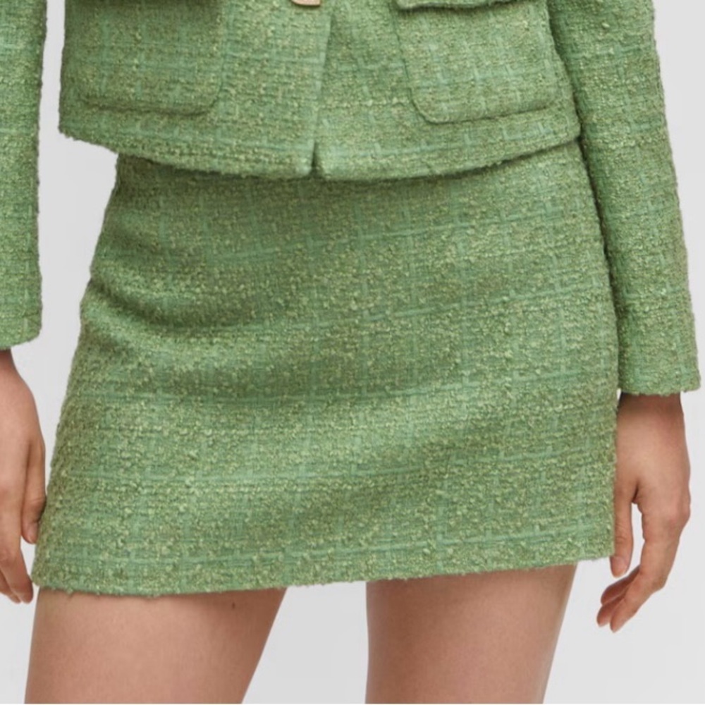 MNG Mango Tweed Mini Skirt Light green M Career Office Textured Lined NWT